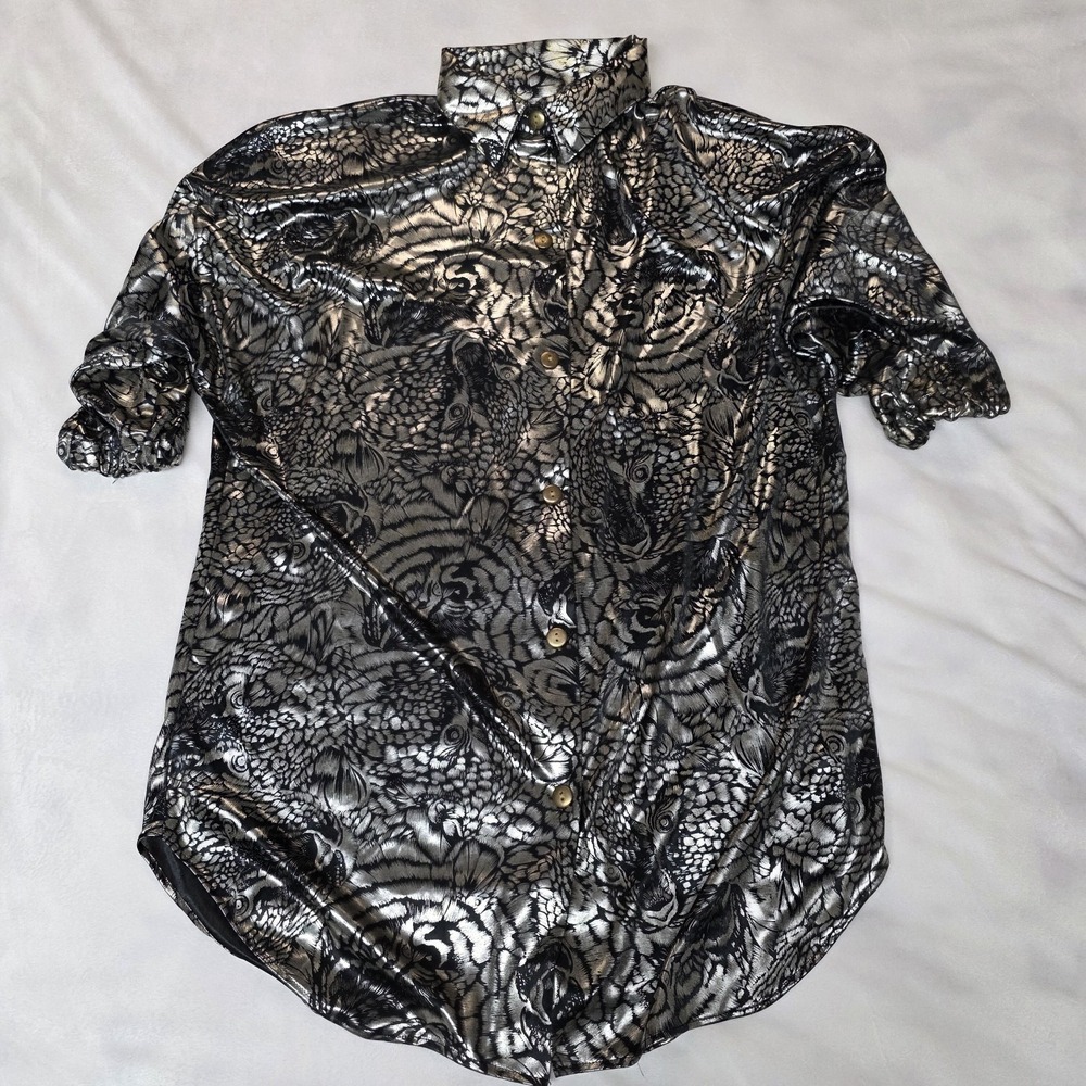 Womens Shirt Blouse S/M (8-10) Button Up Silky Metallic Animal Print, 14th, GUC